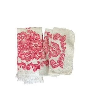 Vintage Cannon 2 wash cloths 1 hand towel Pink‎ White Floral Pattern All Cotton